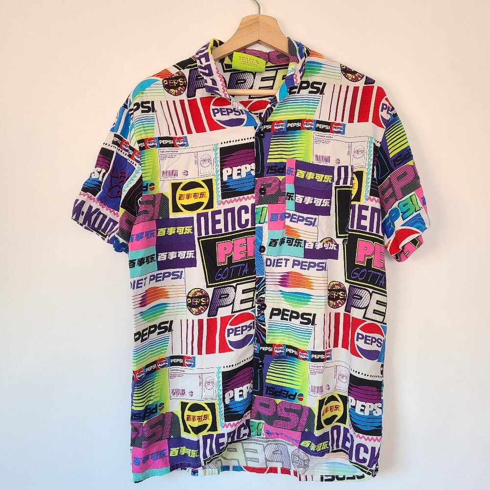 Forever 21 Vintage Pepsi Logo Button-Up Shirt - Colorful Retro 90s Pop Art Style